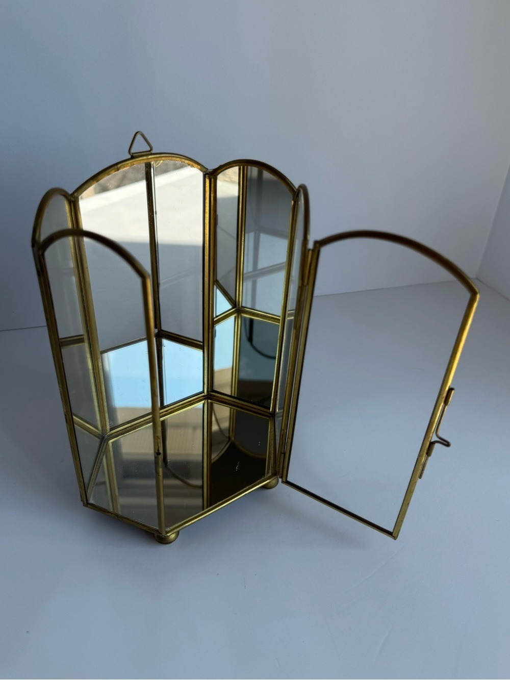 Vintage Brass & Glass Curio 7.25" Tall Display Cabinet Mini Greenhouse Decor